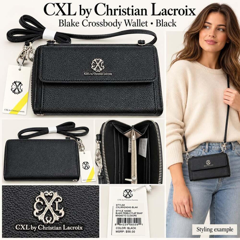 NWT CXL Christian Lacroix Blake Black Crossbody Wallet Wristlet Silver Logo